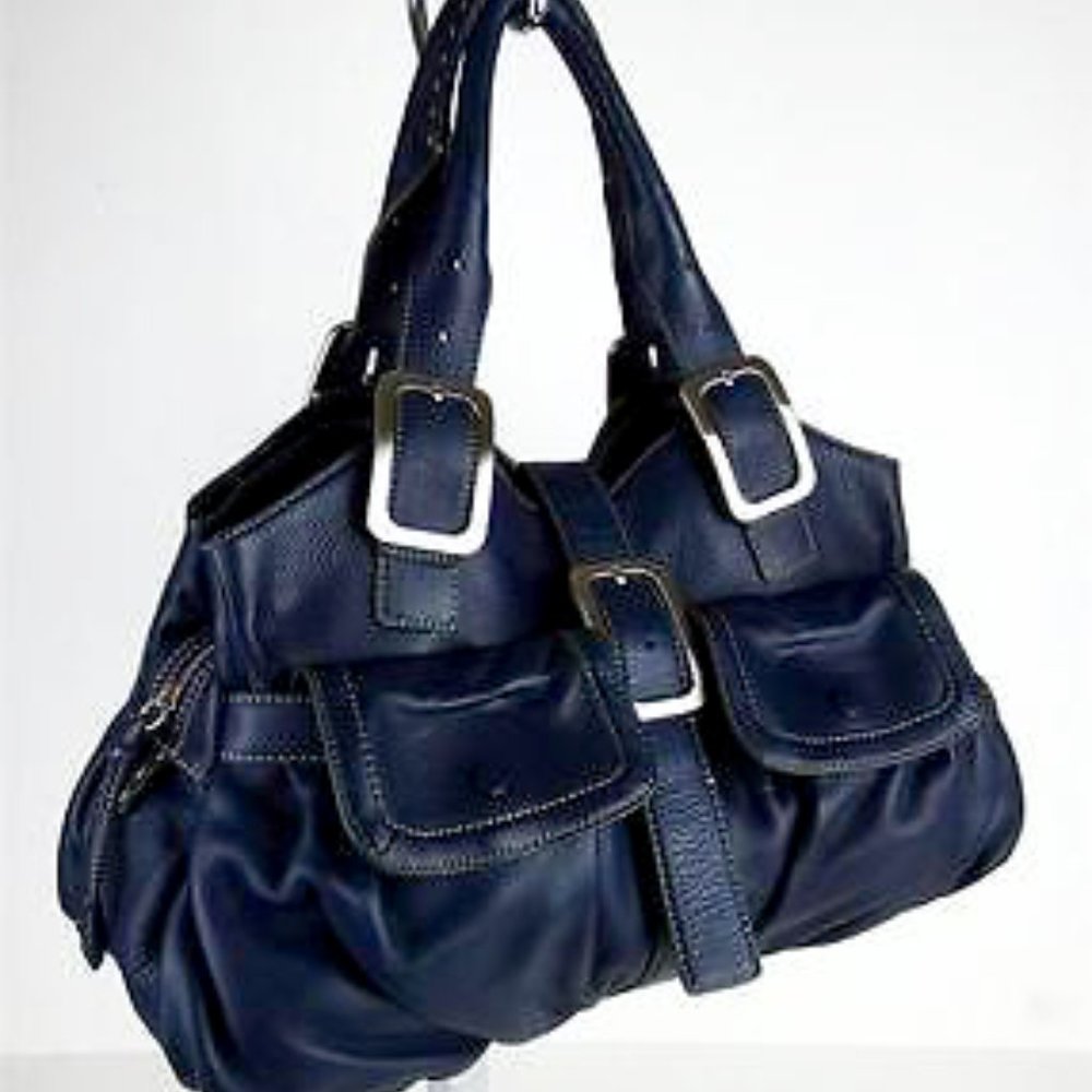 Cole Haan Navy Blue Pebbled Leather Satchel